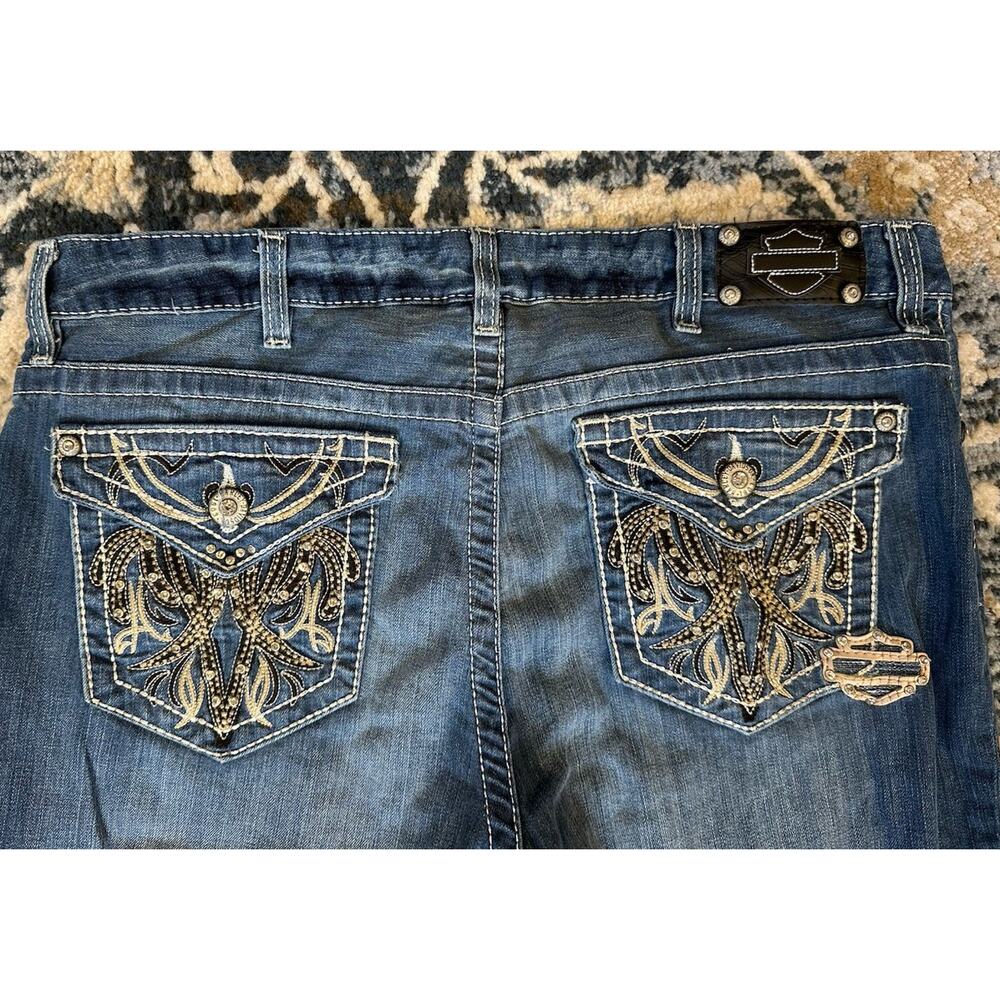 Harley-Davidson Bootcut Jeans Women's Size 18 Tall Thick Stitch Bling Pockets - Picture 3 of 10